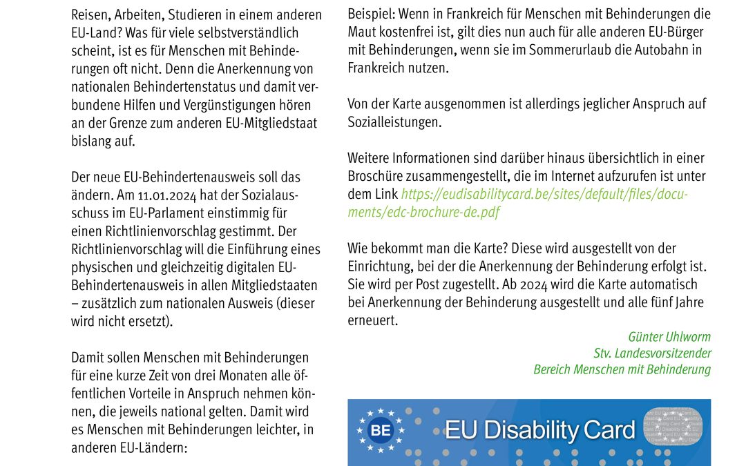 Neuer EU-Behindertenausweis wird eingeführt.
